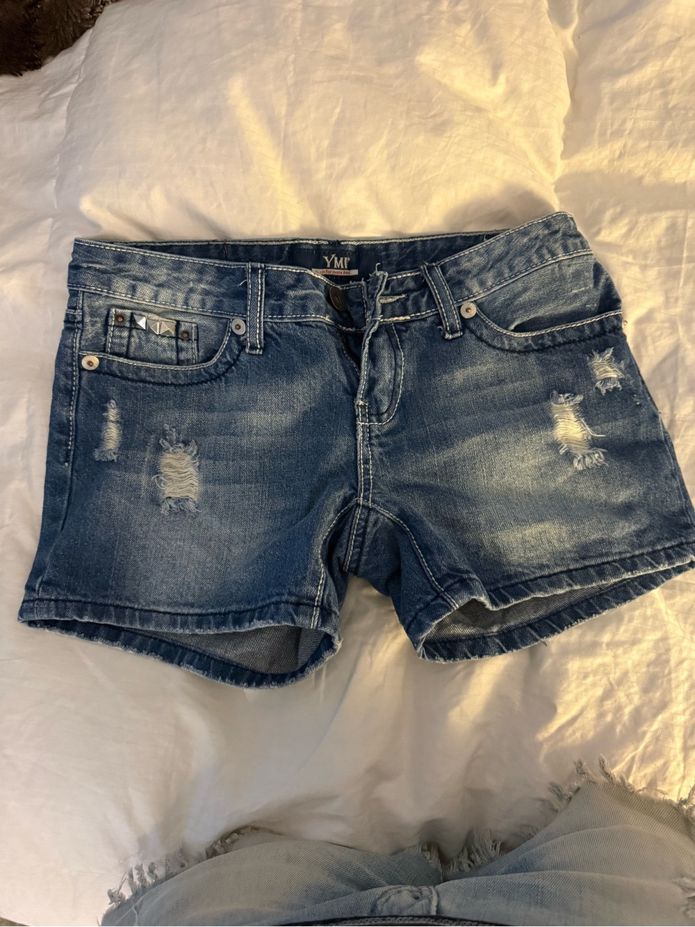 YMI Distressed Dark Blue Denim Shorts with Stud Detail